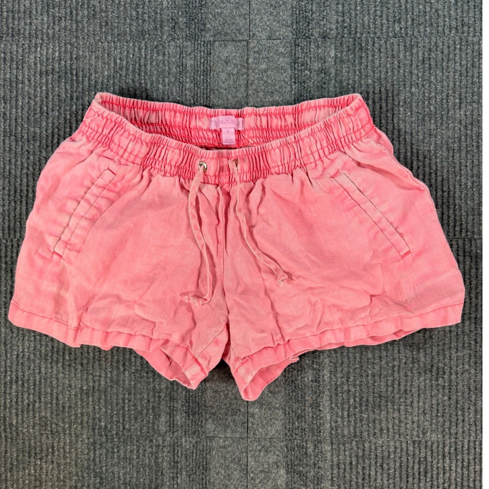 Lilly Pulitzer Pink Linen Drawstring Shorts Womens Small Elastic Waist Pockets
